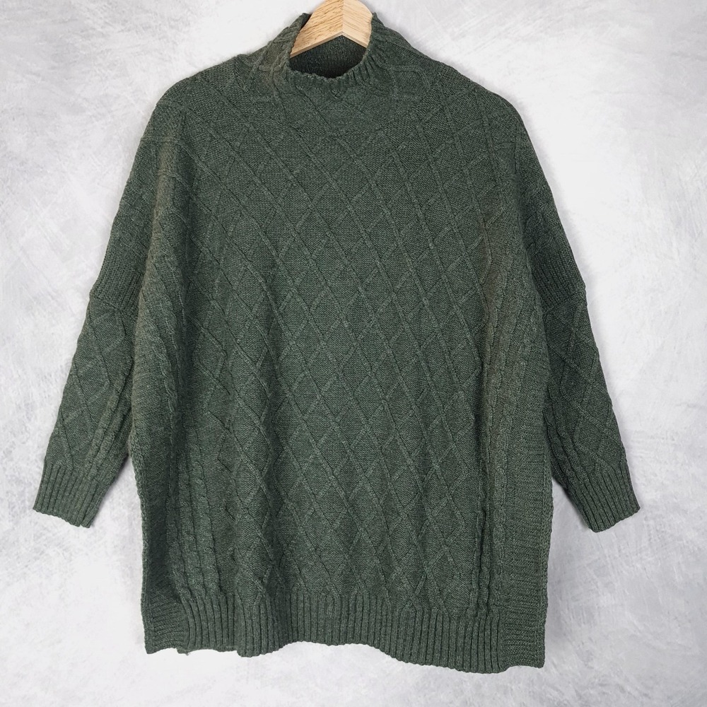 Mer Sea Sweater Womens One Size Green Cable Knit Mock Neck Oversized Pullover
